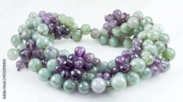 Obraz Necklace with green and purple beads arranged in clusters on white background.