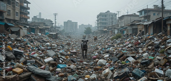 Fototapeta A stray dog stands alone in a litter-strewn alley in an urban area. Surrounding buildings show signs of neglect as debris and waste fill the street under a gray sky
