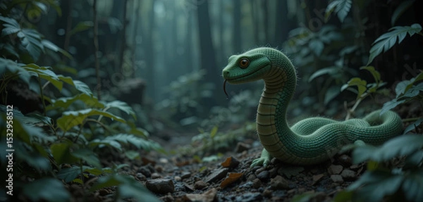 Fototapeta A vibrant green snake rests on the forest floor, surrounded by dense foliage. Mist lingers in the air, capturing the serene atmosphere of the early morning, enhancing the tranquility of the scene