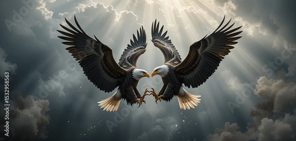 Fototapeta Two majestic eagles clash in mid-air, their talons poised for battle as dark storm clouds surround them, illuminated by rays of sunlight breaking through the sky
