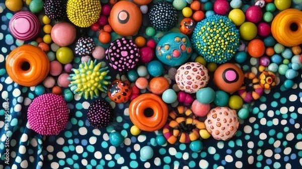 Obraz Colorful assortment of spherical objects and donut shapes on patterned fabric background.