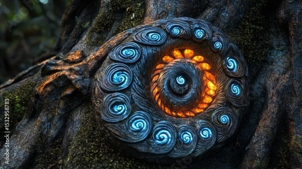 Obraz Ornate object with glowing center attached to a tree trunk in nature.