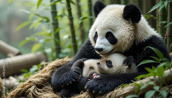 Fototapeta A mother panda lovingly embraces her playful cub in a serene bamboo grove. Soft sunlight filters through the leaves, creating a peaceful ambiance in the forest