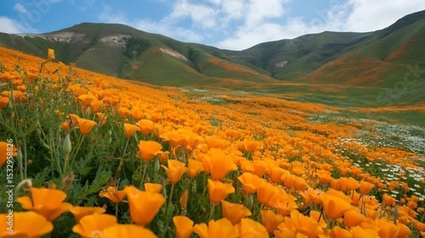 Fototapeta A field of orange flowers with green hills and a blue sky with clouds in the background visible