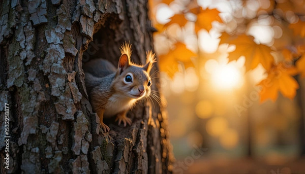 Fototapeta A curious squirrel looks out from a hollow in a tree, with vibrant autumn leaves and a warm sunset illuminating the forest backdrop, creating a serene atmosphere