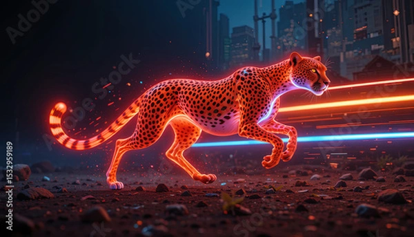 Fototapeta A vibrant, neon-lit cheetah dashes across a dark city landscape. Its glowing form contrasts against the urban backdrop, emphasizing speed and agility during the night