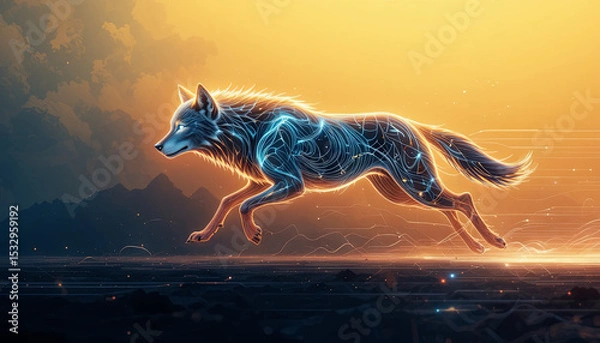 Fototapeta A wolf with a glowing digital design runs swiftly across a surreal landscape. The vibrant sunset casts an orange glow, enhancing the fantastical atmosphere of the scene