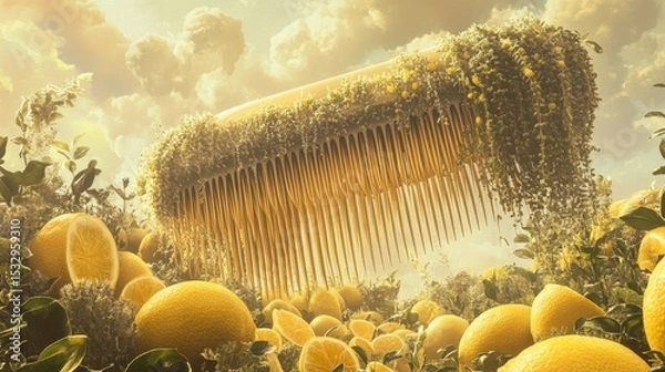 Obraz Dreamlike landscape with giant comb structure and yellow spherical objects.