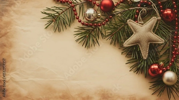 Fototapeta Christmas background with pine branches ornaments and star on vintage paper surface texture design