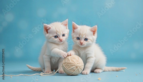 Fototapeta Two adorable white kittens with bright blue eyes are curiously playing with a ball of yarn. They are positioned on a soft blue background, creating a charming and lively atmosphere