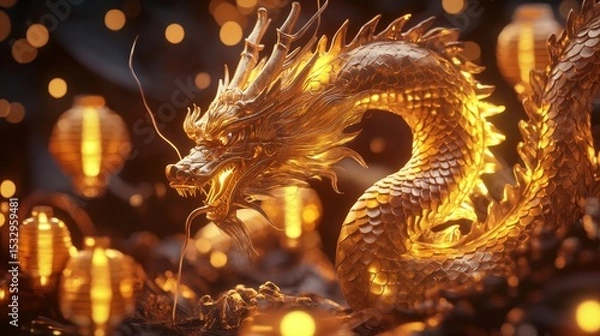 Obraz Golden dragon sculpture with lanterns in a dark setting.