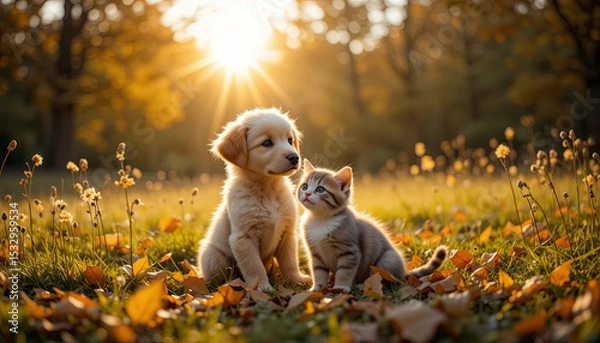 Fototapeta A golden retriever puppy and a tabby kitten are playing together in a park during a sunny autumn afternoon. The landscape is adorned with colorful fallen leaves and warm sunlight