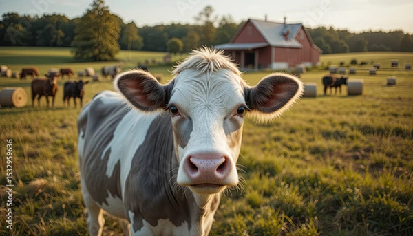 Fototapeta A cow stands in a lush pasture surrounded by other cattle, with a rustic barn in the background under a warm sunset sky. The peaceful rural setting creates a tranquil atmosphere