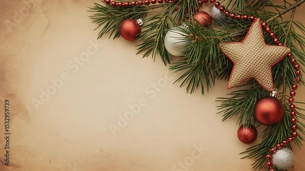Fototapeta Christmas decoration with pine branches, star, beads and ornaments on a beige background surface