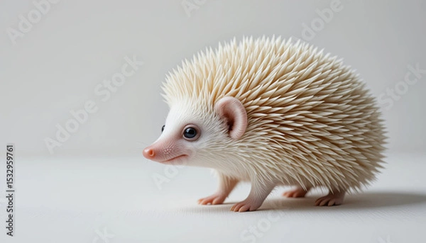 Fototapeta A small hedgehog stands in a simple environment, highlighting its soft spines and curious eyes. The gentle light accentuates its playful demeanor, inviting attention and curiosity