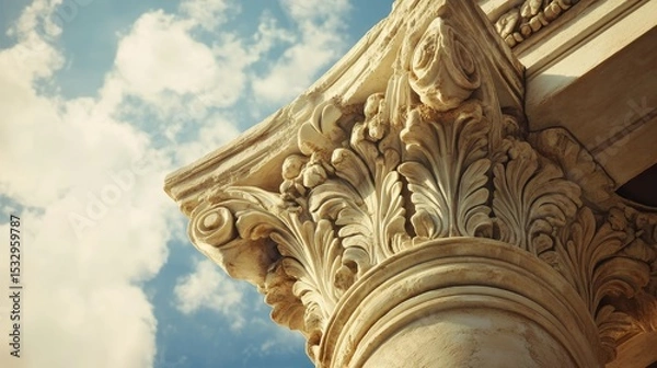 Obraz Column capital with ornate carvings against a blue sky with clouds.