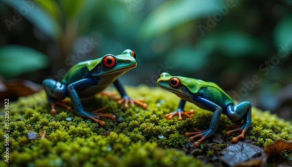 Fototapeta Two bright green tree frogs with red eyes are perched on soft moss in a dense tropical forest. Sunlight filters through the foliage, illuminating their colorful bodies