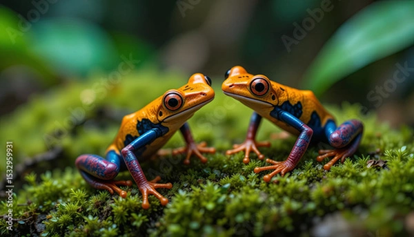 Fototapeta Two striking orange and blue frogs interact on a bed of lush green moss in a rainforest, showcasing the vibrant biodiversity typical of tropical ecosystems