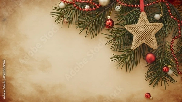 Fototapeta Christmas decoration with pine branches, ornaments, and star on a vintage paper background