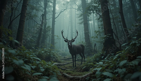 Fototapeta In a serene forest, a lone deer with impressive antlers gazes through the thick mist in the early morning light. The dense trees and vibrant greenery create a tranquil atmosphere