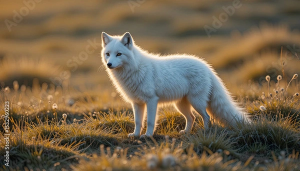 Fototapeta An arctic fox is gracefully poised on a grassy field as the sun sets, illuminating its white fur and the surrounding landscape with warm golden tones