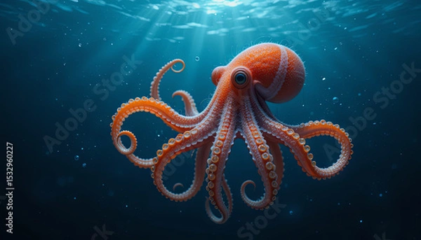Fototapeta A vibrant orange octopus glides effortlessly through the clear blue depths, its tentacles elegantly moving with the current, creating a mesmerizing underwater display