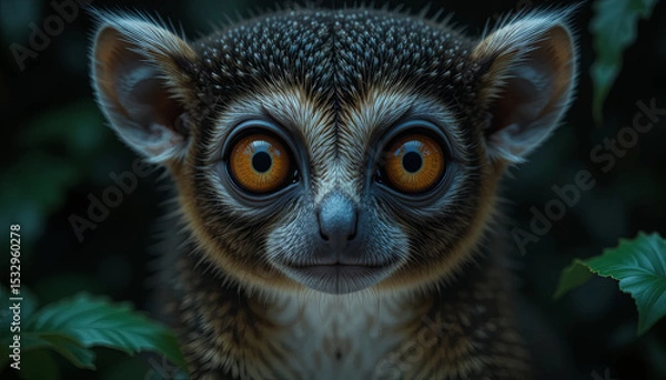 Fototapeta A small primate stares directly at the viewer with wide, expressive eyes, surrounded by dark foliage in a twilight setting. The scene captures the animal's unique features and natural habitat