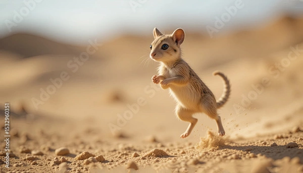 Fototapeta A small, adorable creature scurries across the warm sand during the day. The sunlight highlights its playful nature as it leaps with excitement
