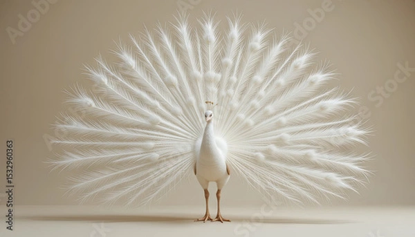 Fototapeta A white peacock shows off its stunning fan of feathers, elegantly spread in a neutral space. The bird exudes grace and beauty, captivating the viewer's attention