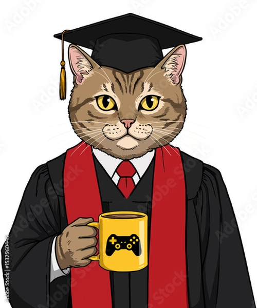 Obraz Cute Graduation Cat Vector Cartoon Cat in Cap and Gown Holding Gaming Mug