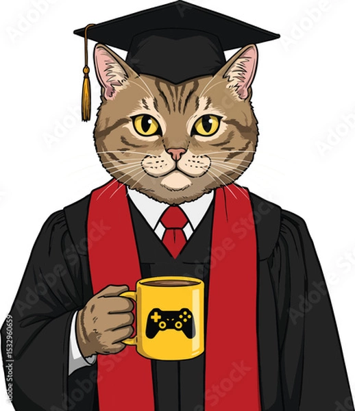 Obraz Cute Graduation Cat Vector Cartoon Cat in Cap and Gown Holding Gaming Mug