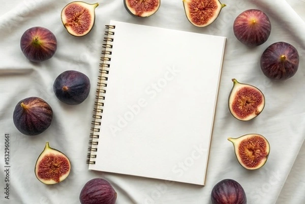 Fototapeta Elegant flat lay of fresh figs on a blank page surrounded by whole and cut fruits on luxurious linen.