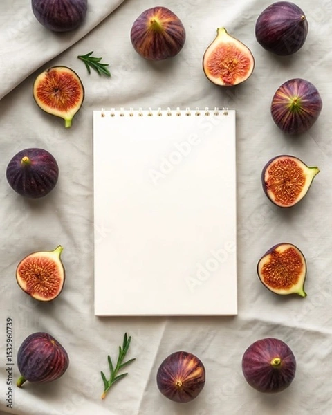 Fototapeta Elegant flat lay of fresh figs on a blank page surrounded by whole fruits in a soft linen setting.
