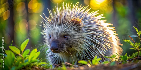 Fototapeta A porcupine moves through a lush forest, sunlight illuminating its quills. Surrounded by green foliage, it searches for food amidst a scenic natural environment