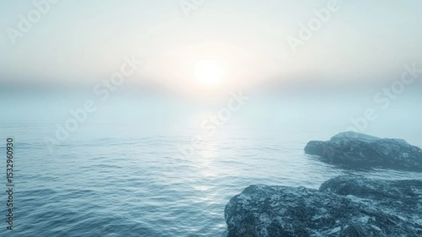Fototapeta Serene Ocean Sunrise with Rocks in Mist — Tranquil Seascape for Meditation, Travel, and Wellness Use