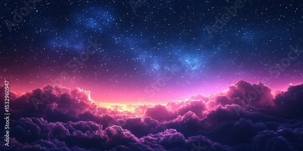 Fototapeta Starry Twilight Sky in Pink and Purple Gradients Above Clouds — Dreamy Celestial Landscape for Fantasy and Mindfulness Themes