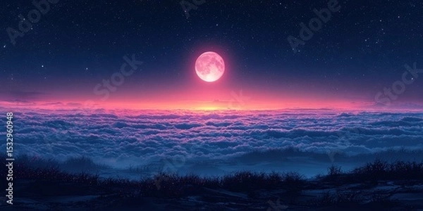 Fototapeta Full Moon in Pink Starry Sky Above Clouds — Dreamy Nightscape for Fantasy, Meditation, and Editorial Use