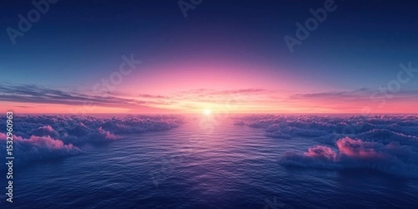 Fototapeta Radiant Sunrise Over Ocean Horizon — Colorful Sky and Reflective Sea for Travel, Meditation, and Inspirational Use