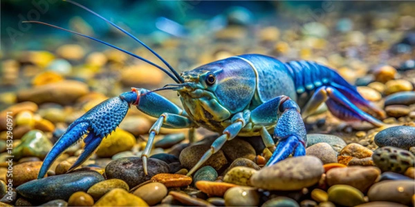 Fototapeta A striking blue crayfish explores a pebbled riverbed. The intricate details of its shell are prominent against the colorful stones, illustrating the beauty of aquatic ecosystems