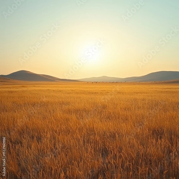 Fototapeta Golden Sunset Over Grassland with Mountain Silhouette — Peaceful Nature Scene for Editorial and Wellness Themes