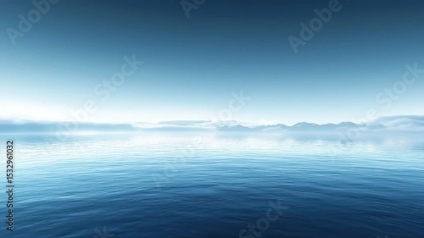 Fototapeta Embrace of Calm: Ocean Stillness Under a Blue Sky with Misty Mountains on the Horizon