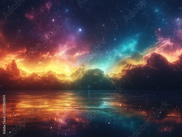 Fototapeta  Cosmic Reflection: Vivid Pink and Orange Clouds Over a Starry Sky Mirrored in Tranquil Water