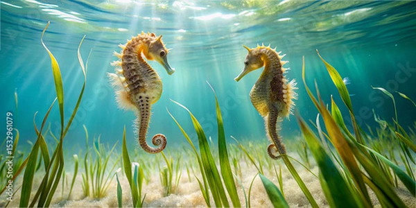 Fototapeta Two seahorses are seen interacting in clear blue water, surrounded by lush aquatic vegetation and soft sand. Sunlight filters down, creating a magical atmosphere
