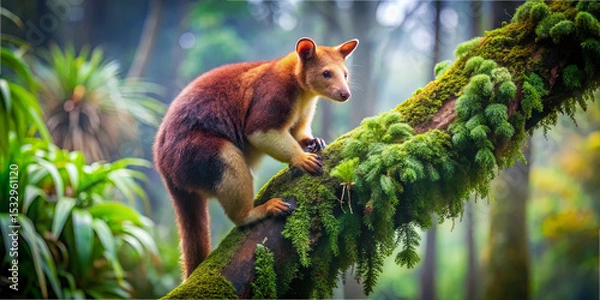Fototapeta A vibrant sapient creature climbs a moss-covered tree in a dense forest. Sunlight filters through the greenery, highlighting the lush surroundings and showcasing nature's beauty