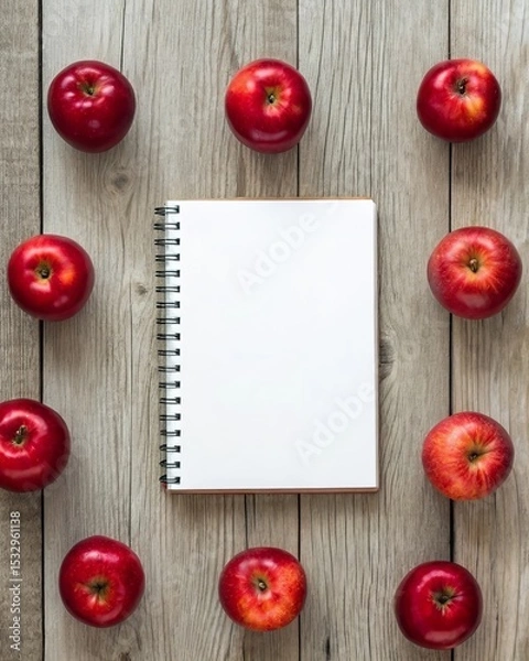 Fototapeta Symmetrical arrangement of red apples around a white notebook on rustic wooden surface for aesthetic flat lay photography.