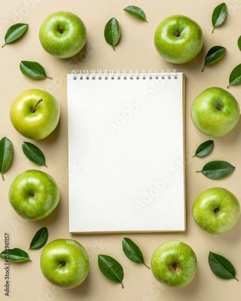 Fototapeta Captivating flat lay of fresh green apples and lush leaves surrounding a blank notepad on beige background for creative inspiration.