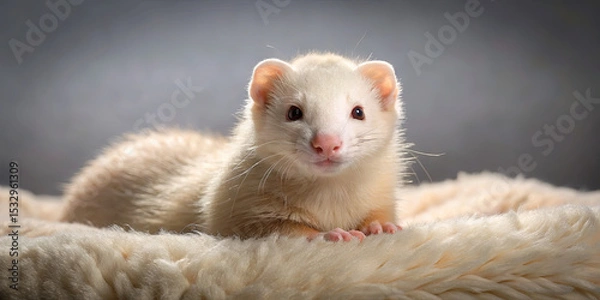 Fototapeta A small ferret with a light-colored coat is lying on a fluffy surface, looking curiously at the viewer. Its playful demeanor and whiskers add charm to the cozy atmosphere around it