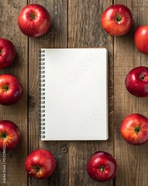 Fototapeta Symmetrical arrangement of red apples around a white notebook on rustic wooden table captured in flat lay style for aesthetic inspiration.