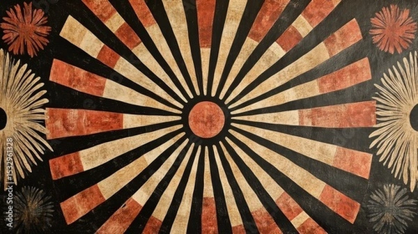 Obraz Abstract radial pattern with sunburst design on dark background with floral elements.