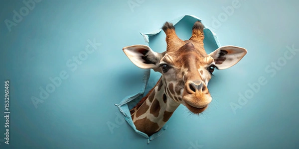 Fototapeta A giraffe is playfully sticking its head through a torn section of a bright blue wall. Its expression is curious, inviting viewers to wonder about its surroundings and intentions